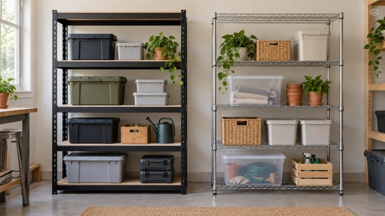 Two generic utility shelving units with different widths and shelf configurations.