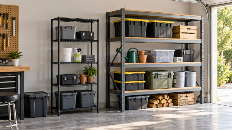 Side-by-side view of the Sakugi and DUMOS utility shelves products on a neutral background, emphasizing visible differences in size and configuration.