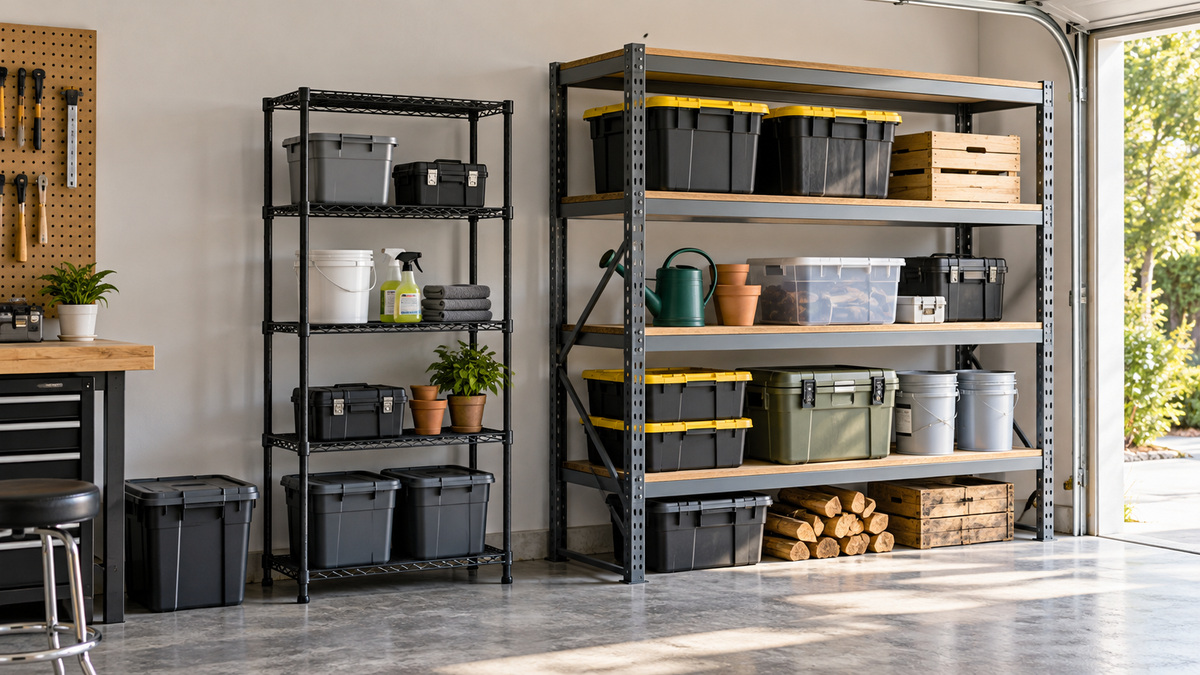 Side-by-side view of the Sakugi and DUMOS utility shelves products on a neutral background, emphasizing visible differences in size and configuration.
