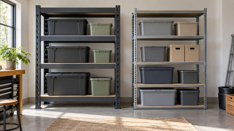 A clean editorial comparison scene showing generic utility shelves sakugi and jojuou options side by side.
