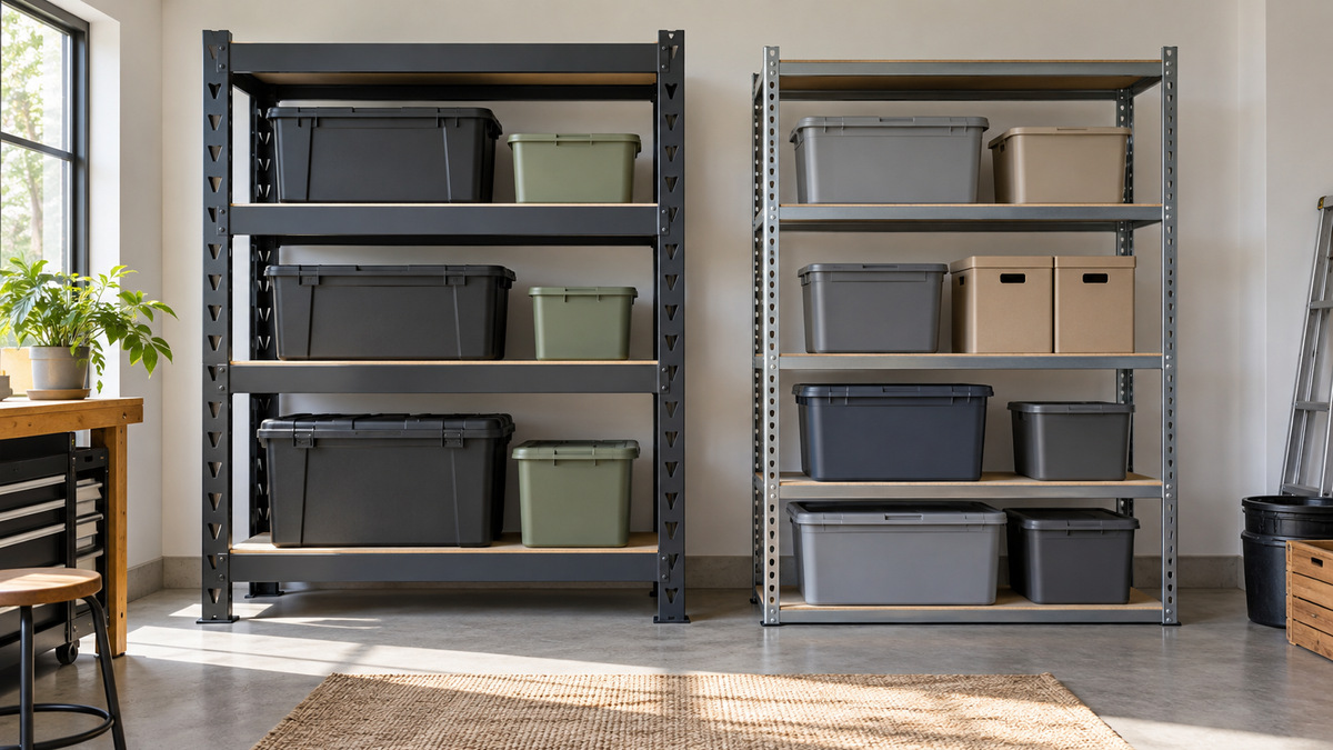 A clean editorial comparison scene showing generic utility shelves sakugi and jojuou options side by side.