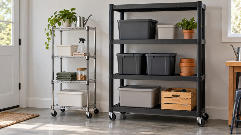 A narrow rolling wire shelf beside a wider heavy-duty plastic utility shelf.