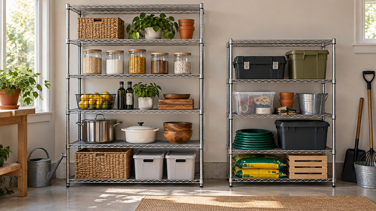Editorial comparison scene featuring generic utility shelves sakugi options in natural light.