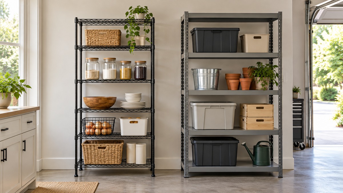 Side-by-side view of the Sakugi and SONGMICS utility shelves products on a neutral background, emphasizing visible differences in size and configuration.