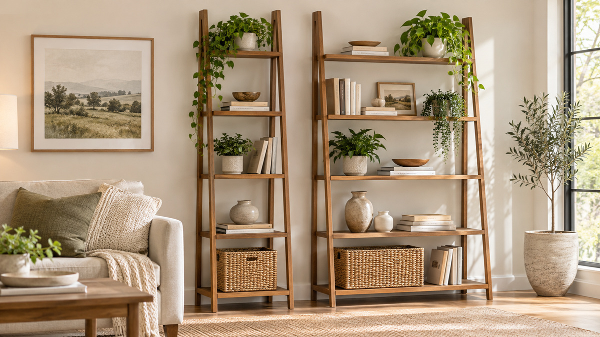 Two ladder-style bookcases with different shelf layouts.