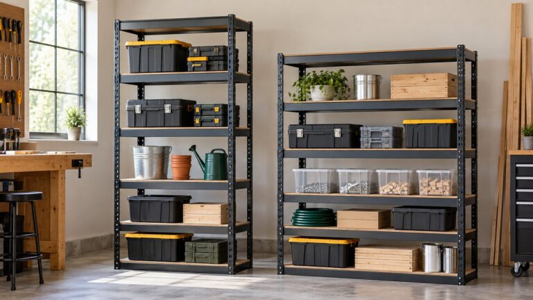 Generic adjustable five-tier standing shelves shown in two practical workshop configurations.
