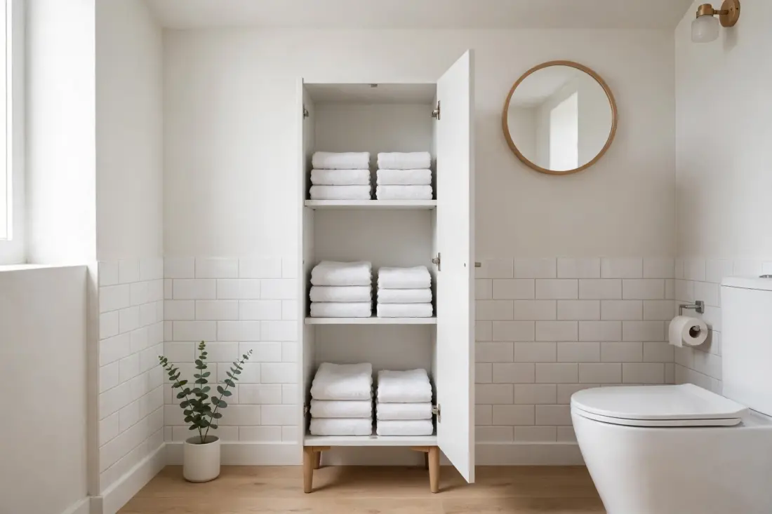 AI-generated illustrative image of a narrow bathroom storage cabinet