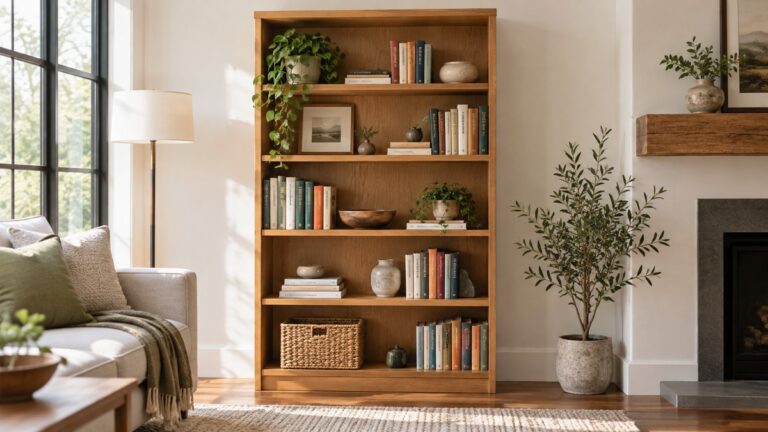 Bookshelf with varied shelf heights in a living room