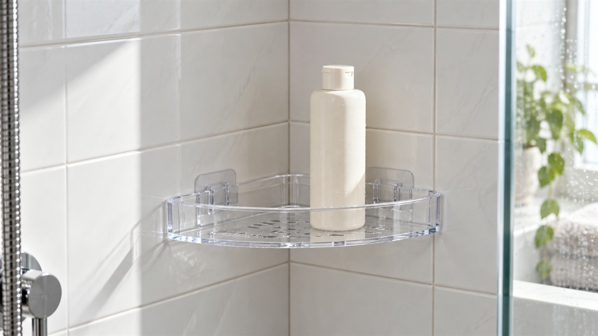 A clear acrylic corner shelf stuck to a tiled shower wall with a shampoo bottle on it.