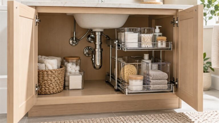 A pull-out organizer with clear bins sitting beside a sink's plumbing inside an open bathroom vanity.
