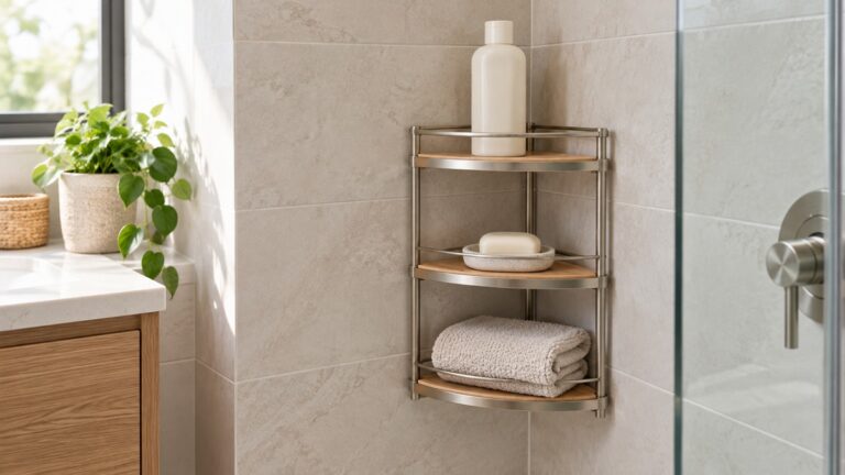 A clean bathroom corner with a small corner shelf holding a shampoo bottle, a soap dish and a folded towel, shot in soft daylight.