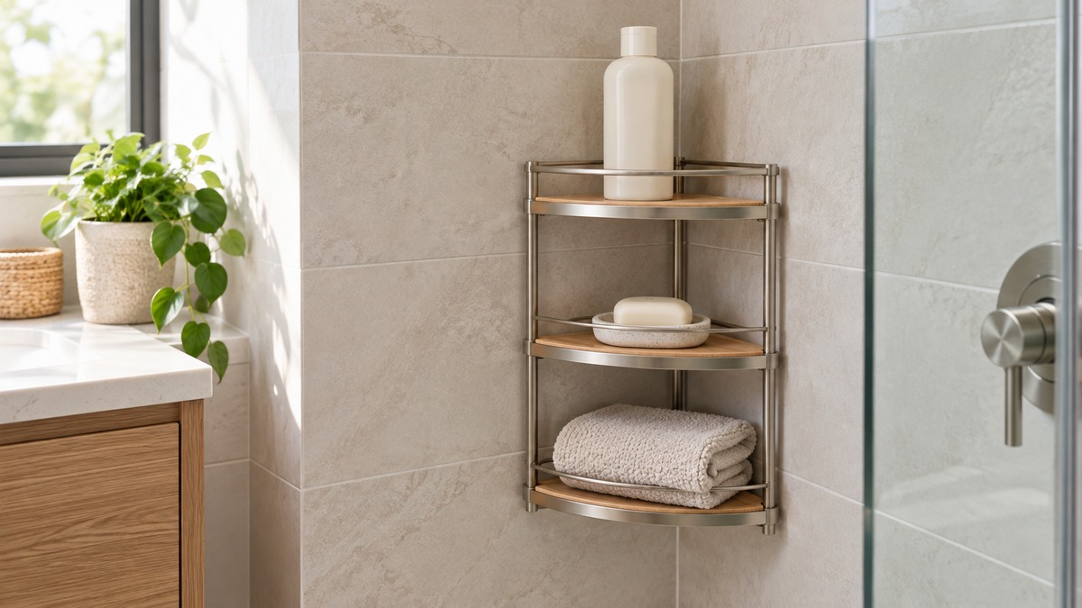 A clean bathroom corner with a small corner shelf holding a shampoo bottle, a soap dish and a folded towel, shot in soft daylight.