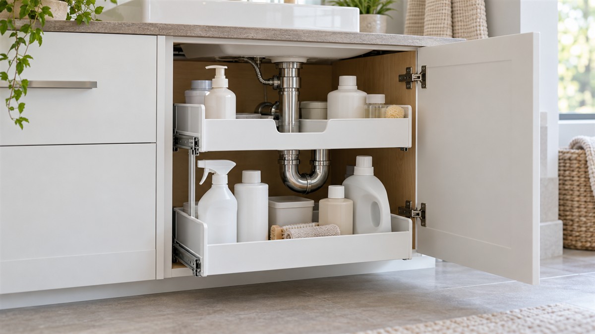 A white pull-out organizer under a bathroom sink, with bottles on two tiers around the pipes.