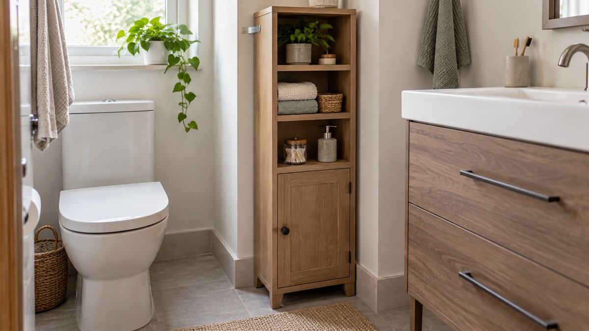 Narrow bathroom floor cabinet for a small space