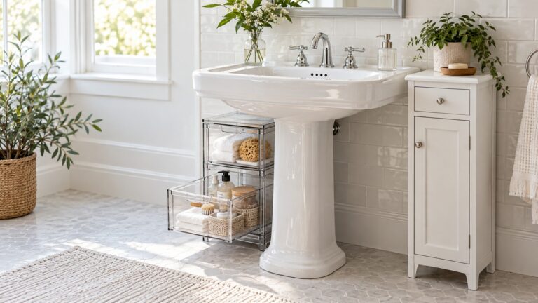 A pedestal sink with a slim cabinet beside it, and a clear under-sink tray pulled partly open in a bright bathroom.