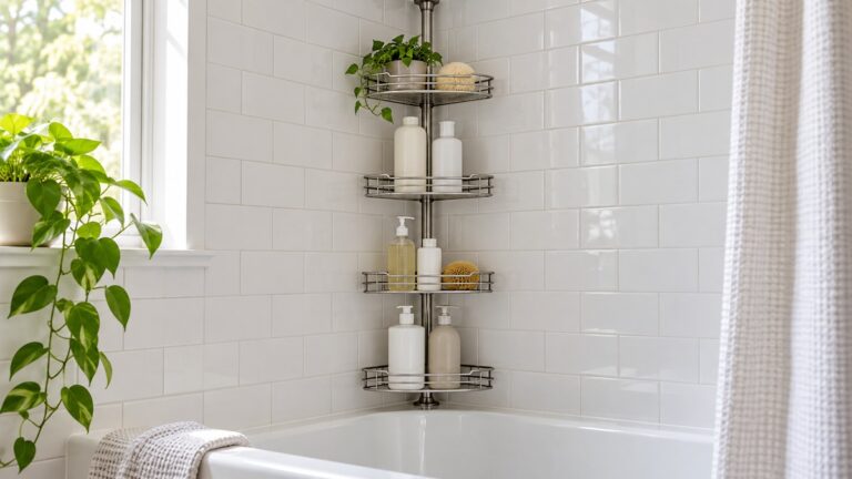 A stainless steel tension-pole corner rack holding shampoo and shower gel in a white-tiled tub corner.