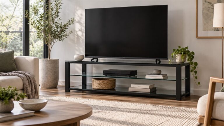 A black TV stand with glass shelves in a living room, with a media player and a few decor items on the glass.