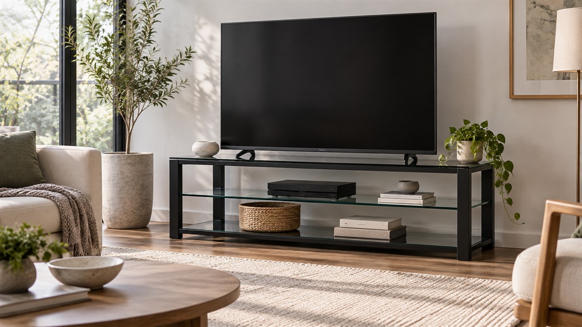 A black TV stand with glass shelves in a living room, with a media player and a few decor items on the glass.