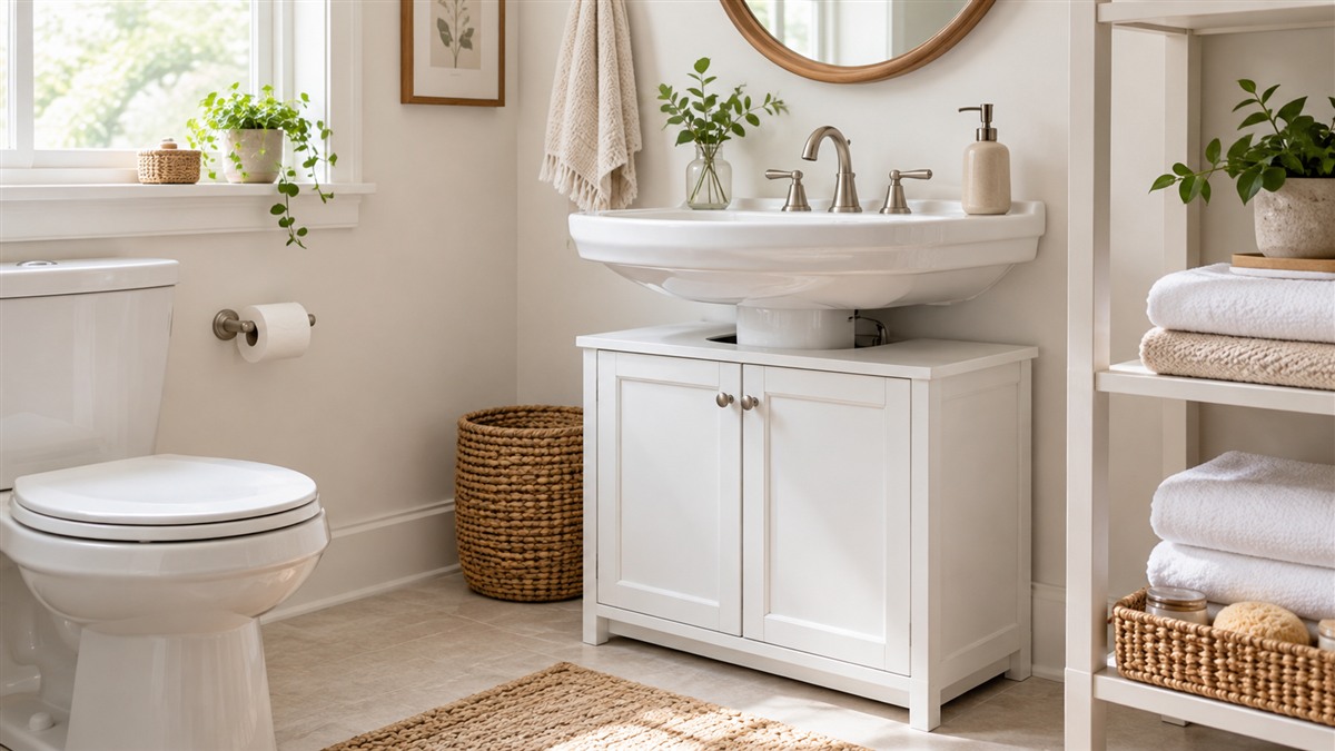 A small white bathroom with a pedestal sink and a closed cabinet below it, towels folded on a shelf nearby, shot in soft daylight.