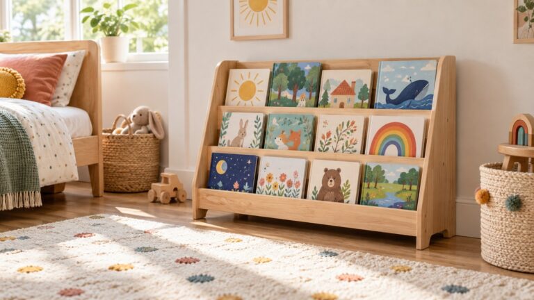 A low wooden childrens bookcase with picture books facing out on the shelves, set beside a rug in a bright kids room.