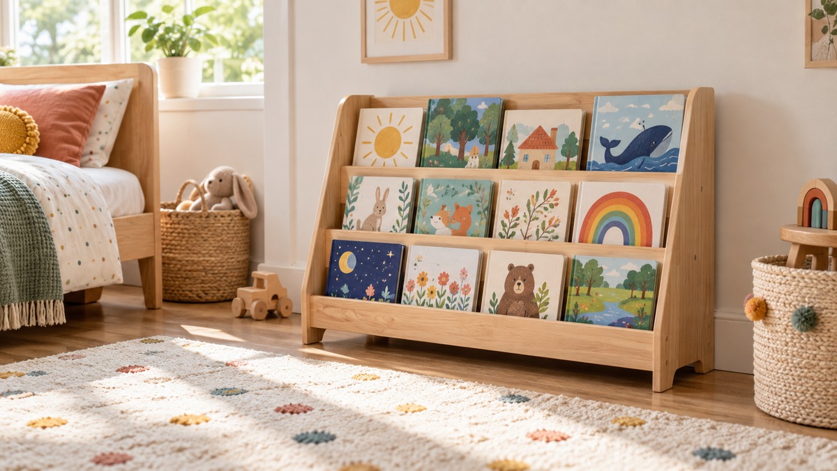 A low wooden childrens bookcase with picture books facing out on the shelves, set beside a rug in a bright kids room.