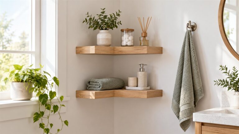 A pair of light wood floating shelves mounted on a bathroom wall beside a small corner, with a towel hanging nearby.