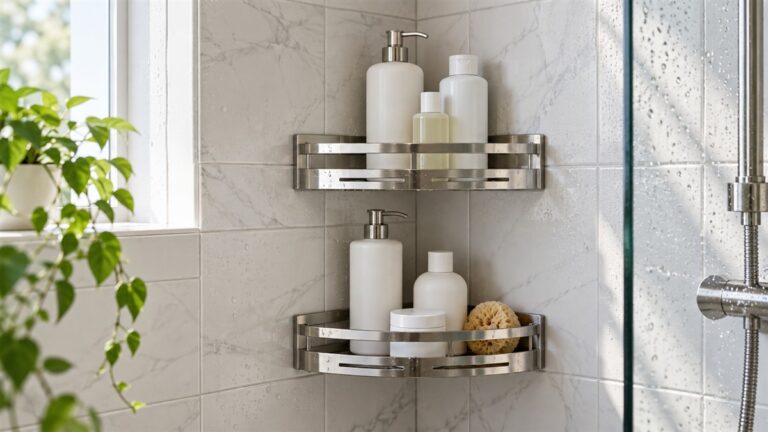 A stainless steel corner caddy holding shampoo bottles in a tiled shower corner.