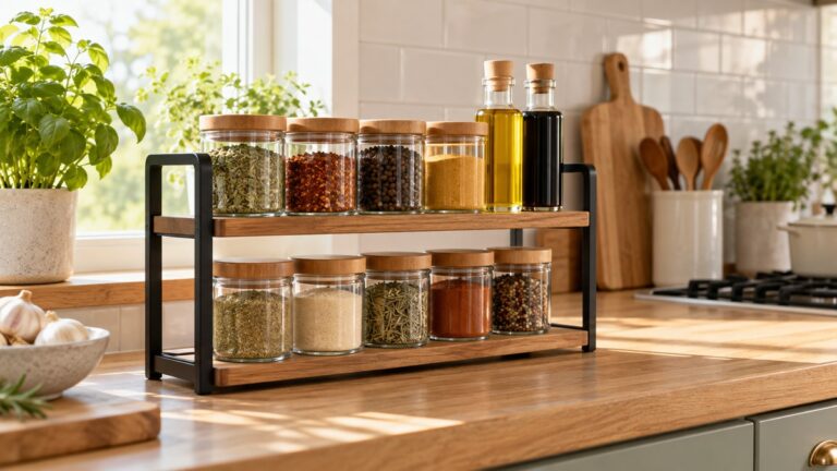 A bright kitchen counter with a small two-tier spice shelf holding jars and bottles, shot in soft morning light.