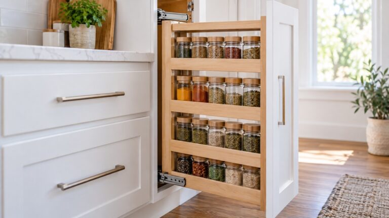 A wooden pull-out spice rack installed inside an open kitchen cabinet, with spice jars lined up in neat rows.