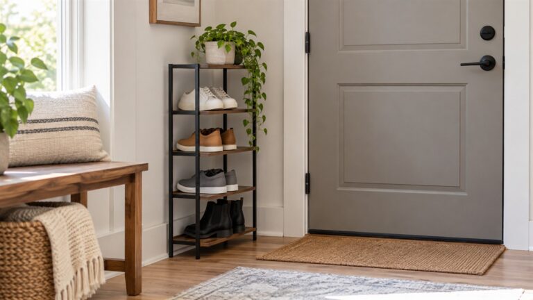 A slim shoe rack beside a front door in a bright, tidy entryway.