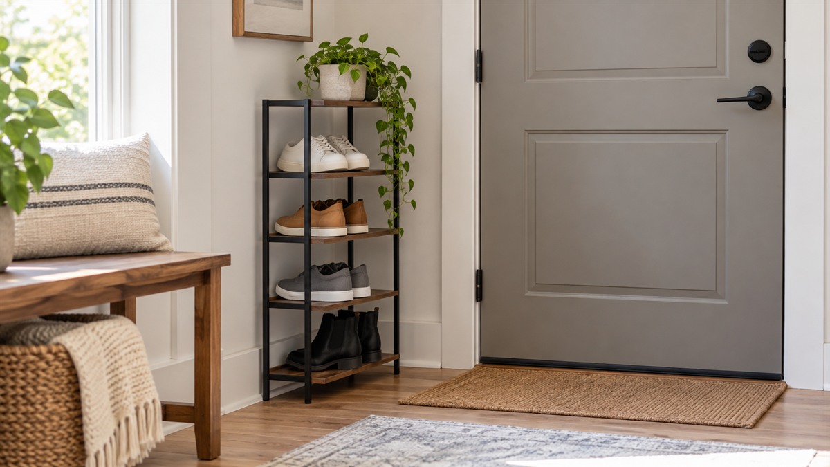 A slim shoe rack beside a front door in a bright, tidy entryway.