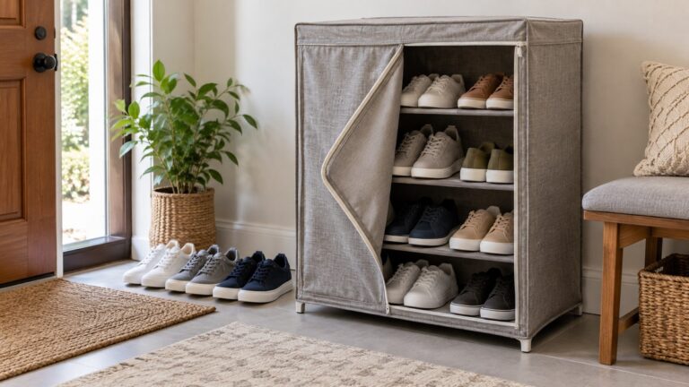 A closed shoe cabinet with a fabric cover partly unzipped, beside a row of sneakers in an entryway.