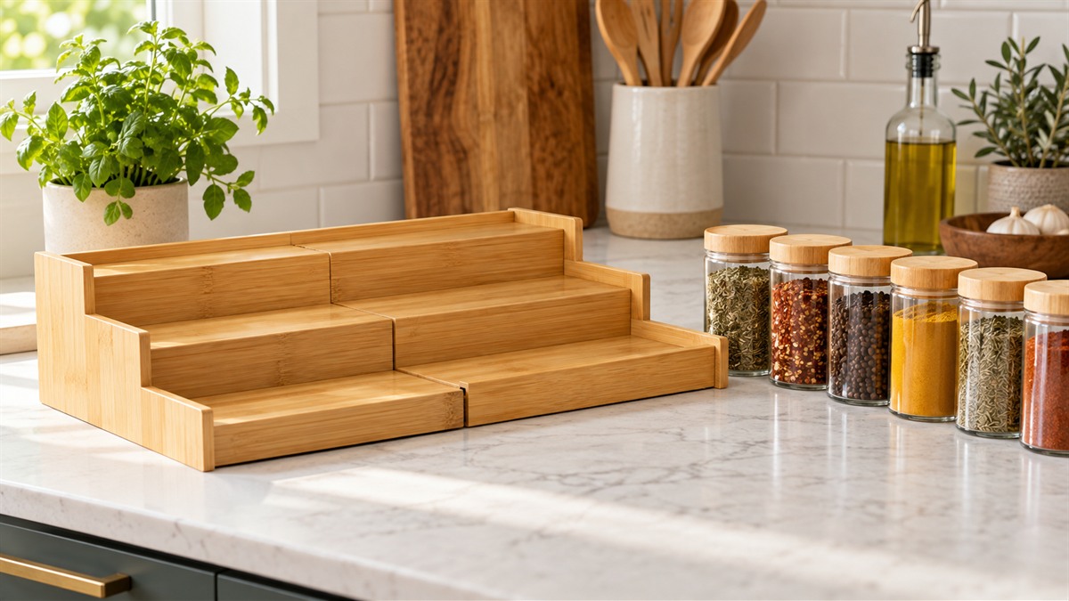A bamboo expandable spice shelf sitting half-extended on a kitchen counter beside a row of spice jars, photographed at a low angle.