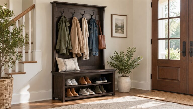 A dark wood entryway hall tree with coats on the hooks and shoes on the bench beside a front door.