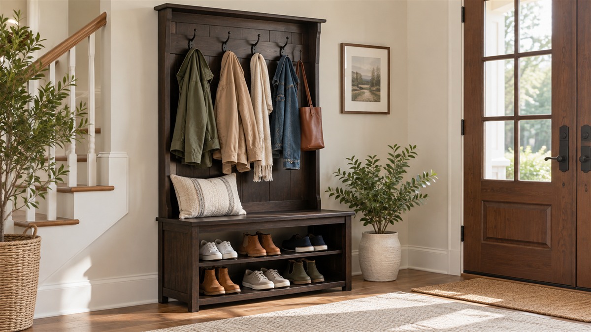 A dark wood entryway hall tree with coats on the hooks and shoes on the bench beside a front door.