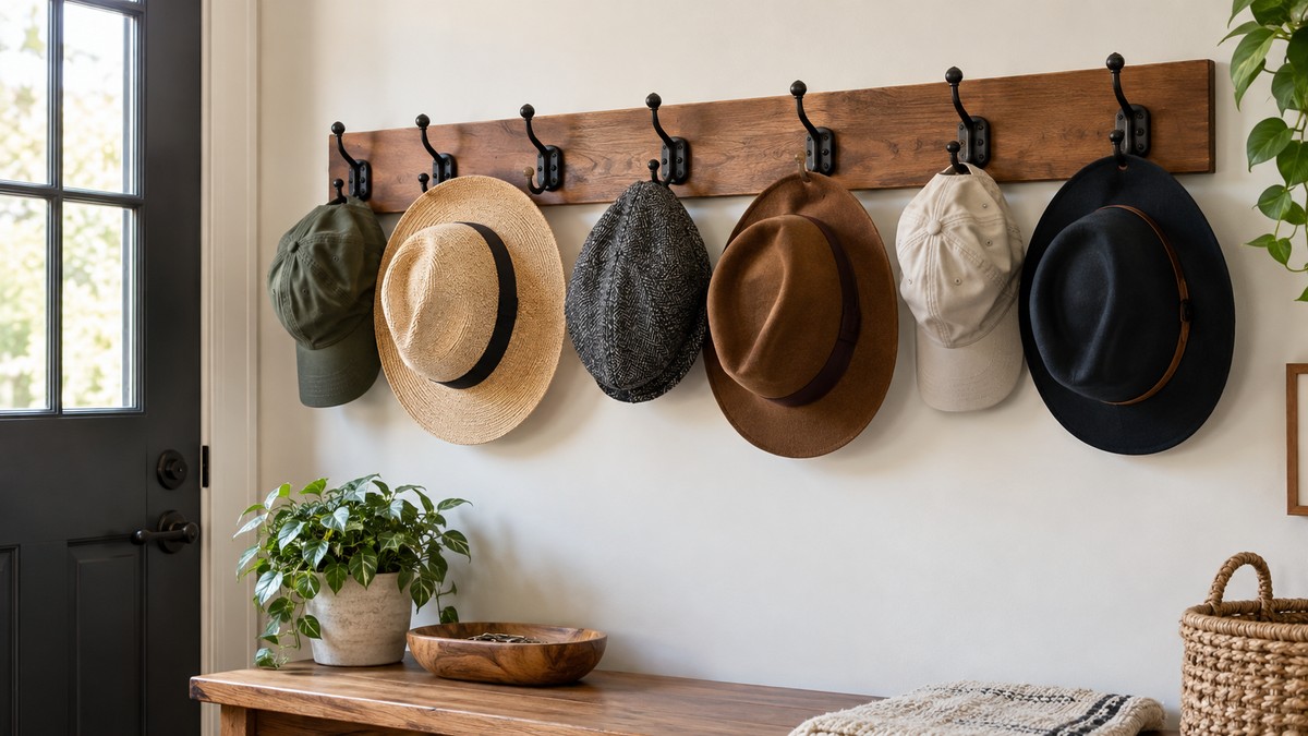 Wall-mounted hat rack in an entryway
