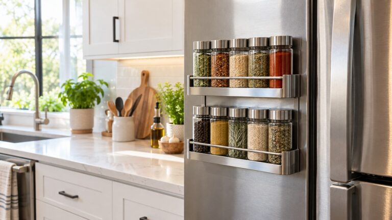 A steel refrigerator side with a magnetic spice rack holding labeled jars, in a bright kitchen.