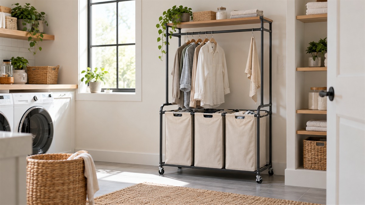 Best laundry sorter with hanging bar and shelf