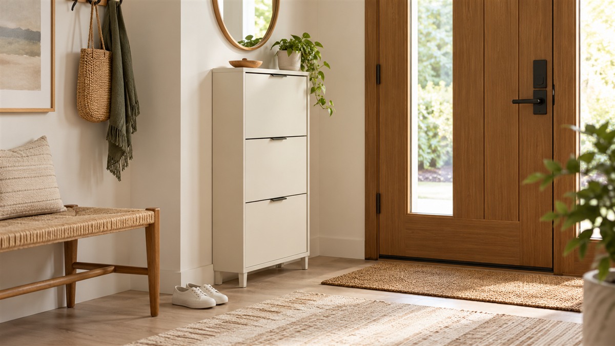 A tidy entryway with a narrow, closed shoe cabinet beside a door, shown in soft daylight with neutral walls.