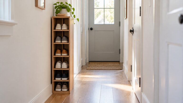A slim wooden shoe cubby in a narrow hallway, with low shoes set on each cube.