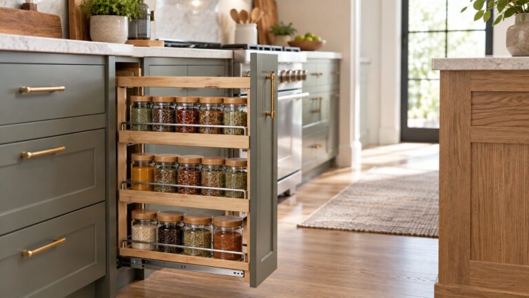A slim pull-out spice organizer sliding out of a narrow kitchen base cabinet, with jars lined up on each tier and the cabinet door open.