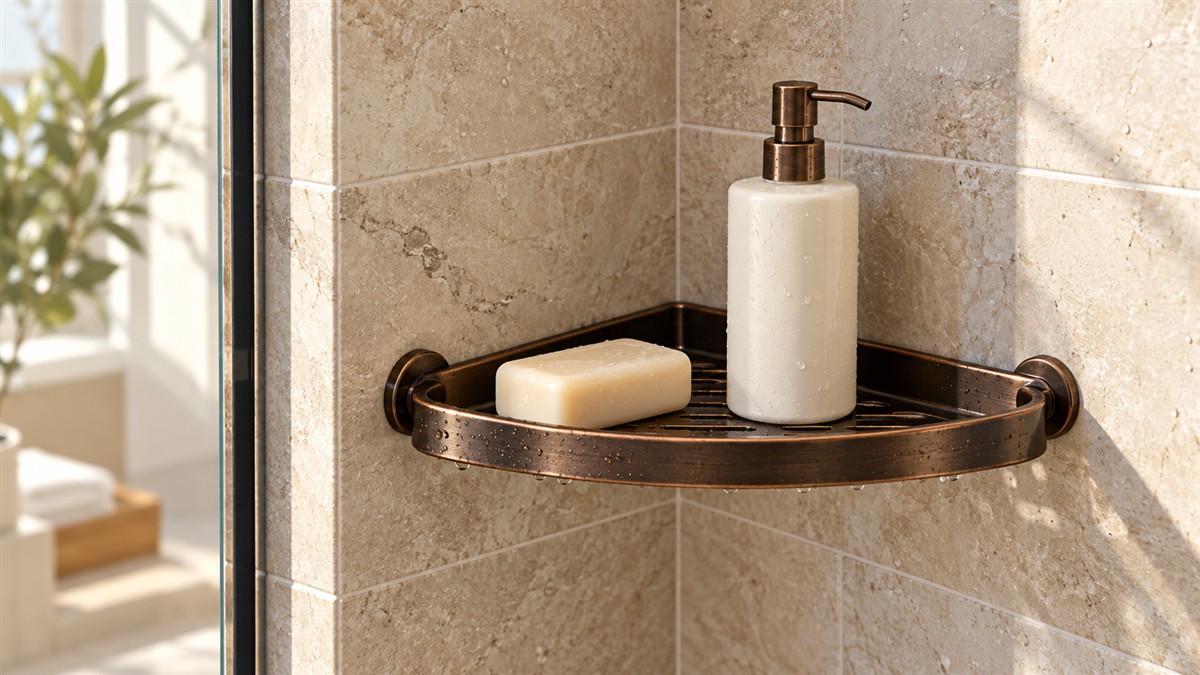 An oil rubbed bronze corner shelf fixed into the corner of a tiled shower, holding a bar of soap and a bottle.