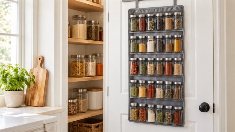 A fabric over the door organizer with clear front pockets hanging from a closet door, shown with a few spice jars on a shelf nearby.