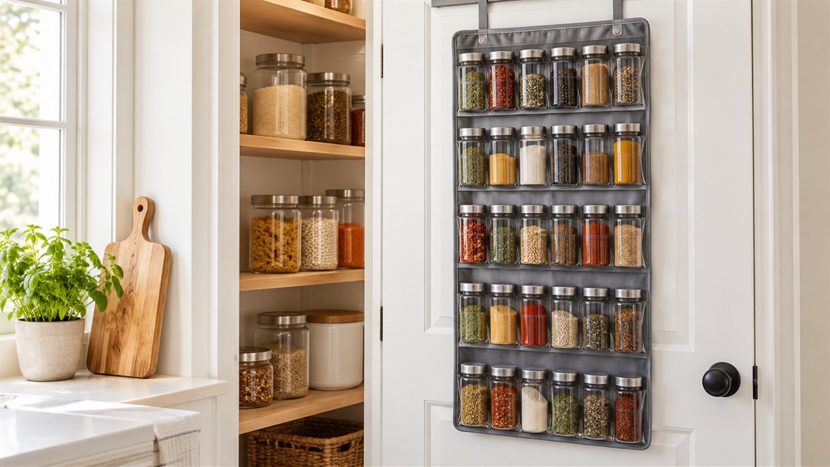 A fabric over the door organizer with clear front pockets hanging from a closet door, shown with a few spice jars on a shelf nearby.