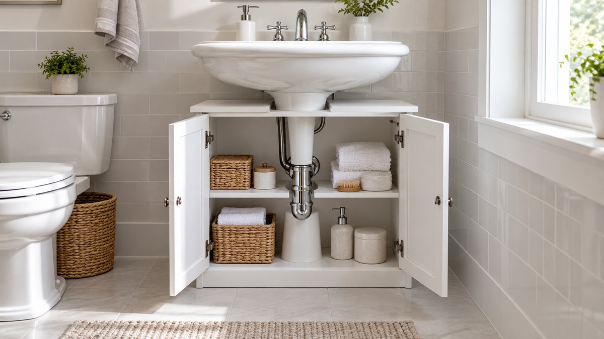 A white bathroom cabinet with a U-shaped cutout around the pipes beneath a pedestal sink.