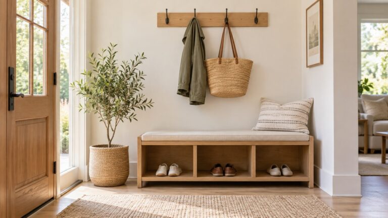 A tidy entryway with a light wood shoe bench, open cubbies holding a few pairs of shoes, and a coat hook on the wall above, shot in soft daylight.