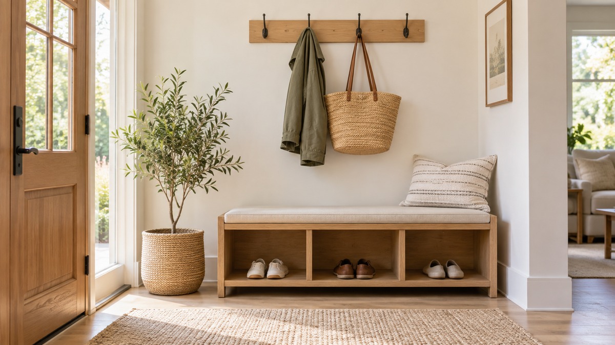 A tidy entryway with a light wood shoe bench, open cubbies holding a few pairs of shoes, and a coat hook on the wall above, shot in soft daylight.