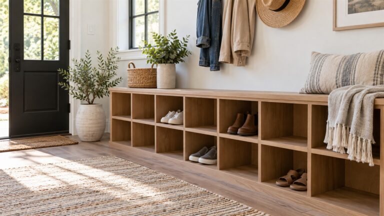 A tidy entryway with open shoe cubbies along one wall, a few pairs neatly placed, soft daylight from a nearby window.