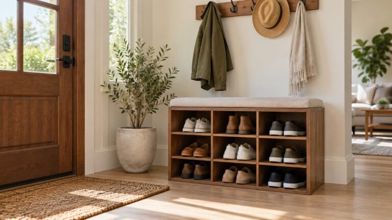 A freestanding nine-cube wooden shoe bench beside a front door, with pairs of shoes on each cubby and a coat hook above.