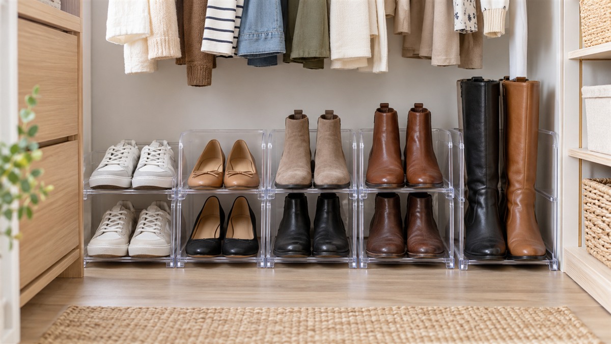 Clear stacking shoe slots on a closet floor, holding sneakers, flats and boots in neat rows.